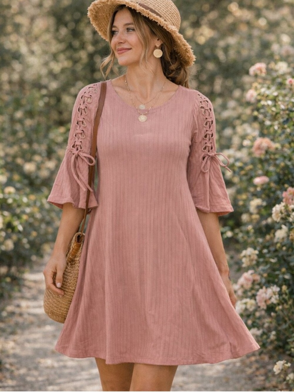 NWT Hayden Lace-Up Sleeve Ribbed Knit Dress in Dusty Rose Size L